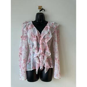 Pink & White Floral Ruffle Blouse Sheer Long Sleeve Romantic Cottagecore Top S